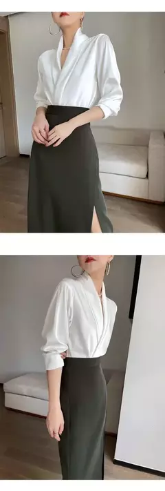 Blusa monocromática com decote em v feminina, manga comprida, tops irregulares, roupas de simplicidade e simplicidade, novo temperamento, outono