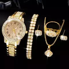 Relógio de quartzo de strass de luxo feminino, hiphop moda, conjunto de jóias de pulso analógico, presente para a mãe, 6 peças - comprar online