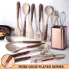 Conjunto De Utensílios De Cozinha De Silicone Resistente Ao Calor, Espátula, Colher, Ferramentas Antiaderentes, Alça Banhada A Ouro Rosa, Suporte, Presente De Cozinha