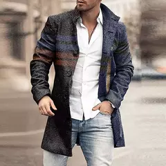 Imagem do Outono inverno retro impressão de lã casaco masculino casual único breasted lapela manga longa casaco moda masculina bolso solto meados longo jaqueta