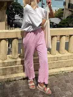 Calça xadrez casual feminina com cordão, cintura alta, calça reta, roupa diária, amiga da pele, moda verão, nova, venda quente