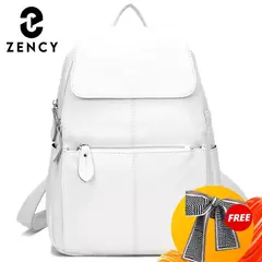 Mochila Zency-Anti-Roubo de Couro Feminina, Mochila de Grande Capacidade, Bolsa Designer de Viagem, Couro Branco, Qualidade, Elegante, A ++ na internet