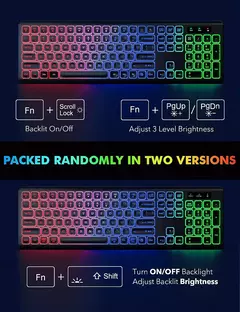 Combo de teclado e mouse sem fio, retroiluminado RGB, letras iluminadas recarregáveis, tamanho completo ergonômico, modo de suspensão, 2,4 GHz - Wolf Magazine