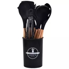 Conjunto De Utensílios De Cozinha De Silicone Antiaderente, Utensílios De Cozinha, Espátula, Pá, Batedores De Ovo, Cabo De Madeira, Ferramenta De Cozinha, Panelas, 12Pcs - loja online