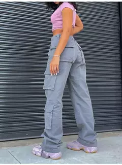 Calça jeans larga de cintura alta feminina, calça cargo cinza, calça larga, moda casual, bolsos múltiplos, estilo de rua Hip Hop, mãe, vintage, verão - loja online