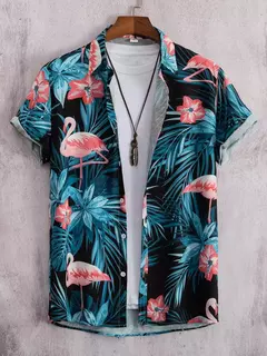 Camisa de lapela masculina de manga curta, estilo havaiano, padrão tropical de coqueiro, tops grandes, férias de verão