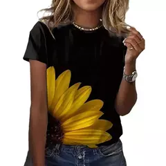 Camiseta explosiva estampada em girassol 3D para mulheres, gola redonda, fosca, flor, moda, novo produto, 2024