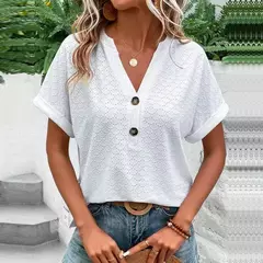 Blusa feminina com botão monocromático com decote em v, camisas soltas, manga curta, tops femininos grandes, blusa jacquard casual, verão, nova moda, 2023 na internet