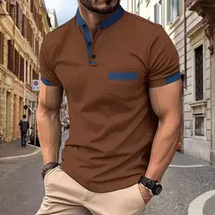 Camisa polo esportiva casual masculina, monocromática, com gola alta, tecido diagonal, camisa de Henry, verão, 2024