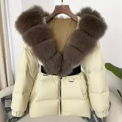 Oftbuy 2024 jaqueta de inverno feminina gola de pele de raposa natural real com capuz grosso quente 90% pato branco para baixo casaco feminino streetwear casual