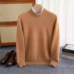 Pulôver de malha de lã de gola meia alta masculino, suéter quente de cor sólida, blusa casual de negócios 100% lã, outono inverno na internet