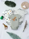 Verão Bebê Bodysuit com Dinossauro Padrão Dos Desenhos Animados, 3 Piece Set, Stripe Pattern, Design Botão para 0-9 Meses Old Boys