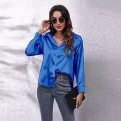 Blusa feminina de cetim manga longa, camisa cetim, tops de seda, vestuário europeu e americano, novo