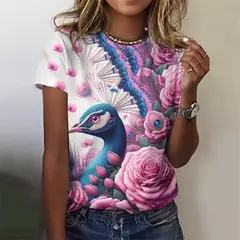 Lindo pavão padrão camiseta para mulheres flor colorida 3d impresso t camisas moda solta camisetas mangas curtas em torno do pescoço topos - loja online