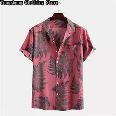 Camisa casual de seda gelo estampada manga curta masculina, site independente, roupas de férias havaianas, venda quente na internet