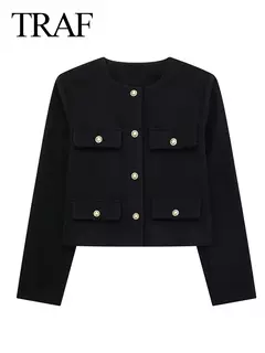 TRAF-Casaco Cropped feminino com botão dourado, blazer bomber, streetwear chique, blusa de casacos femininos, moda primavera, 2022