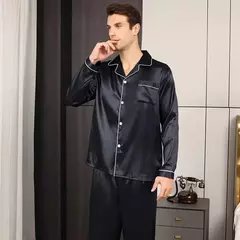 Conjunto de pijama com cardigã de manga comprida masculino, monocromático, lapela, casual, roupa de casa simples, pijamas, plus size, juventude, outono, inverno, 2 peças, conjunto - Wolf Magazine