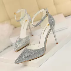 Mulheres Sexy 10cm Sandálias De Salto Alto Do Casamento Glitter Saltos De Noiva Champanhe Bombas De Ouro Fetiche Stiletto Crystal Glitter Strap Shoes - comprar online