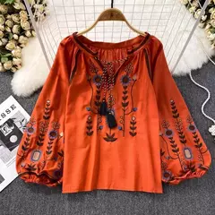 Blusa Bordada Manga Lanterna Longa com Decote V para Mulheres, Moda Casual, Camisas Vintage, Tops Femininos Minoritários, Drop Shipping, Outono - loja online