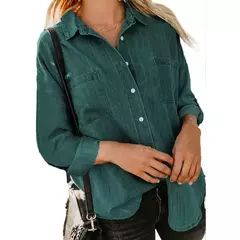 Camisa jeans feminina solta, bolso duplo, manga comprida, jaqueta casual versátil, primavera e outono, nova, 2024 - Wolf Magazine