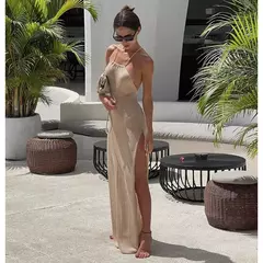 Tecido ver através do vestido maxi, Elegante Halter Beachdress, Sexy Slit Bodycon, Vestido de verão, Beachdress, Ver através, 2022 na internet