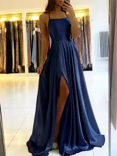 Imagem do Vestido longo de cetim linha A feminino, cintas simples de espaguete, fenda sexy