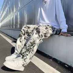 Calça jeans de perna larga larga estilo coreano masculina, calça esfregando, rua alta, hip hop, estampada, moda primavera, 2021 na internet