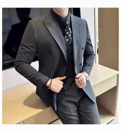 Fato de trespassado estilo britânico masculino, negócio formal, slim fit, smoking casual, festa de casamento, conjunto de 3 peças