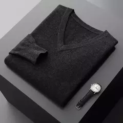 Suéter de cashmere com decote em v masculino espesso solto, lã de cor sólida, malha, casual para negócios novo, outono e inverno na internet