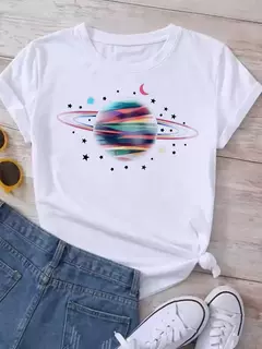 Camiseta feminina casual de manga curta com gola redonda, streetwear feminina, tops vintage, camiseta Maycaur, estampada com planeta lunar, moda camisetas - loja online