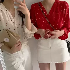 Camisa estampada amor com manga pétala, blusa com decote em v, manga comprida, moda doce, primavera e outono