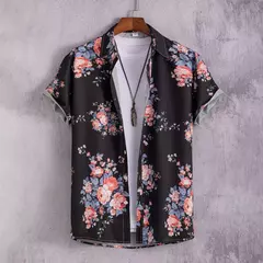 Camisa havaiana estampada geométrica masculina, blusa de praia de peito único, tops de manga curta, roupa de feriado masculina, moda flor, 2023 na internet