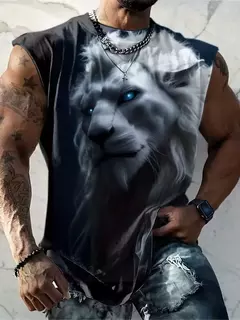 Camisola de alças estampada 3D leão tigre masculina, poliéster, versátil, casual, dominante na rua, gola redonda, sem mangas, primavera, verão, novo na internet