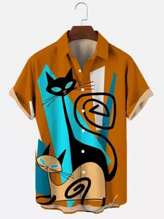 Camisa havaiana dos desenhos animados de anime masculino, Tops de manga curta, roupas casuais masculinas, rua, animais, gatos, retrô, 3D Tees, verão - loja online