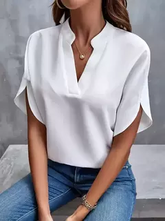 Blusa feminina elegante de manga curta com decote em v, camisa solta de cor sólida, tops brancos casuais, senhora do escritório, nova, verão - loja online