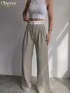 Clacive-Calça reta de cintura alta feminina, calça feminina, elegante, solta, chique, emendada, cinza, escritório, moda, casual, de comprimento total