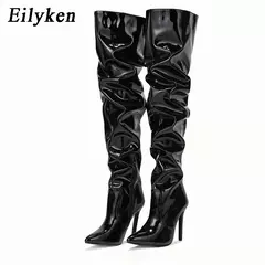 Eilyken-Patent Leather Apontado Toe Salto Alto para Mulheres, Botas Vermelhas Sobre o Joelho, Sapatos de Zíper Lateral, Stiletto Sólido, Calçado Feminino - Wolf Magazine