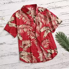 Camisa estampada de folhas havaianas masculina, feriado, manga curta, vermelho, gola virada para baixo, férias, tops de praia, roupa na internet