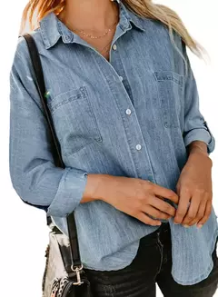 Imagem do Camisa jeans feminina solta, bolso duplo, manga comprida, jaqueta casual versátil, primavera e outono, nova, 2024