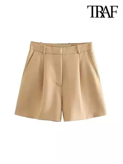 Imagem do TRAF-Bermudas de cintura alta para mulheres, bolsos laterais, dardos dianteiros, vintage, com zíper, calças curtas femininas, moda