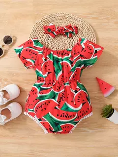 Melancia de manga curta feminina estampada bodysuits, roupa do bebê, bonito Onesie, vestido casual com bandana, verão