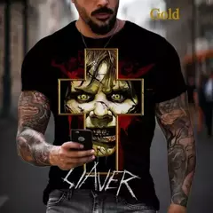 Rock de heavy metal masculino Slayer camiseta de hip hop impressa em 3D, roupas casuais, gola redonda, estilo legal, cosplay de manga curta