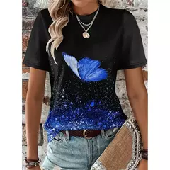 Camiseta colorida com padrão de borboleta feminina, camisetas estampadas com flores 3D, camiseta solta na moda, manga curta, tops redondos com pescoço, vívido - comprar online