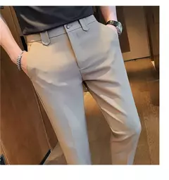 Imagem do Calça de cintura elástica cor sólida para homens, calça casual slim fit, vestido de festa social, roupas de negócios de alta qualidade