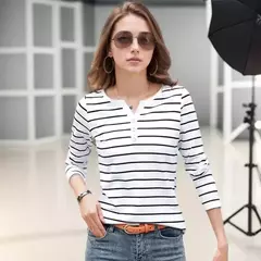 Blusa com decote em v estampada listrada para mulheres, camisas de manga comprida, tops casuais para senhora, primavera e outono