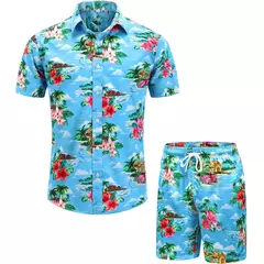 Conjunto de camisa de praia casual de verão para homens, manga curta, estilo havaiano, estampado, shorts, design com cordão, moda, roupas masculinas - loja online