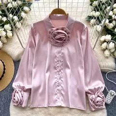 Elegante cetim tridimensional flor manga longa lapela blusa chique vintage moda colheita topo feminino camisas de outono roupas na internet