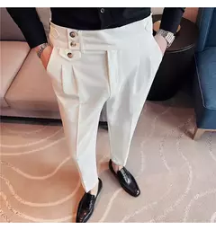 Imagem do Calça formal de botão de cintura alta estilo britânico masculina, terno casual empresarial, calça de escritório, monocromática, alta qualidade, nova, primavera