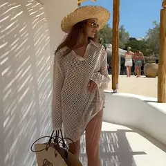 Mini vestido de malha praia de cor sólida feminino, sexy oco fora, maiô de manga comprida para cobrir, feriado Boho, moda praia solta, verão, K17 - Wolf Magazine