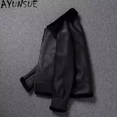 AYUNSUE-Jaqueta bomber de couro genuíno masculina, casacos pretos, roupas grandes, pele de carneiro natural, inverno - comprar online